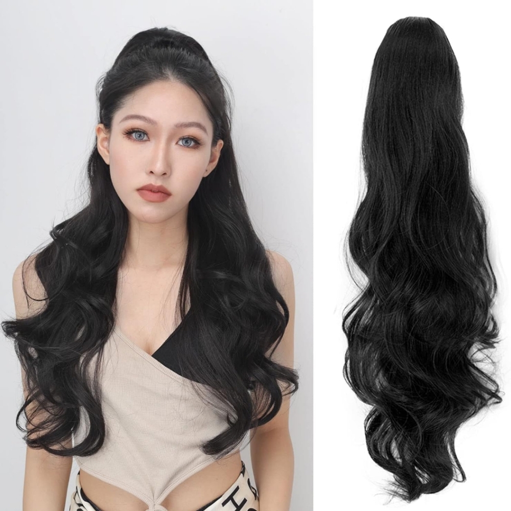 New Claw clip or drawstring Ponytail extension 24" black curly